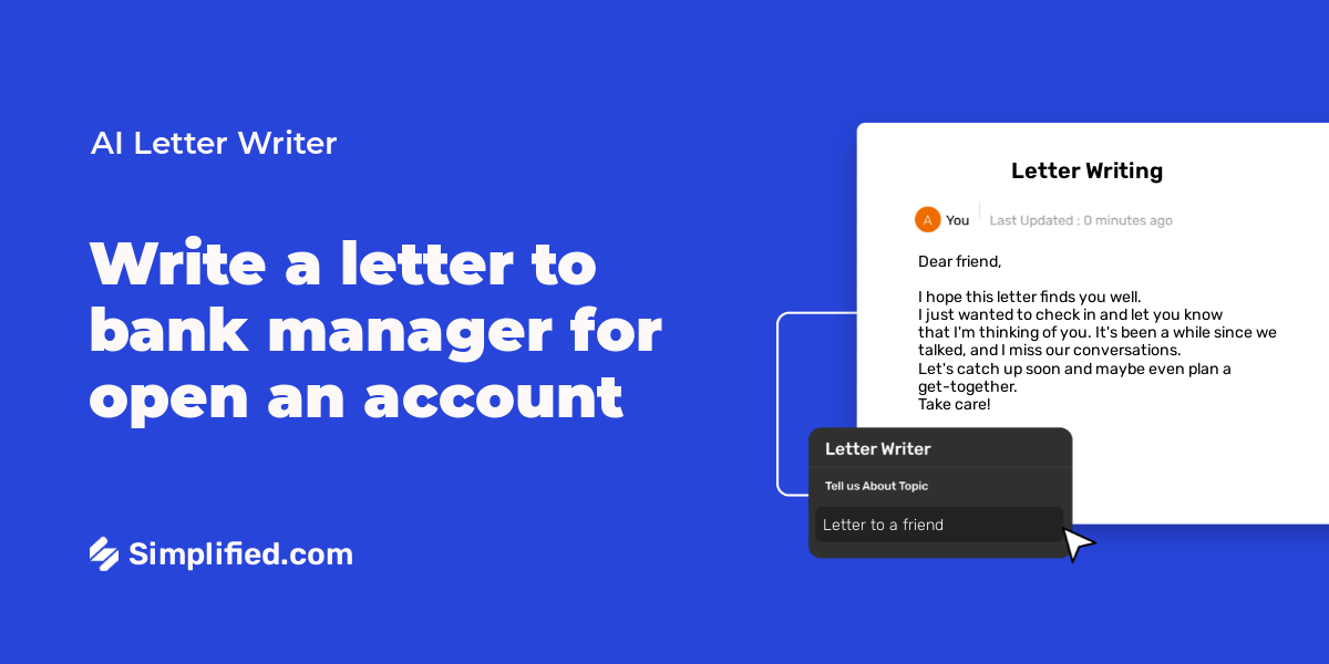 Write letter to bank manager for open an account in seconds